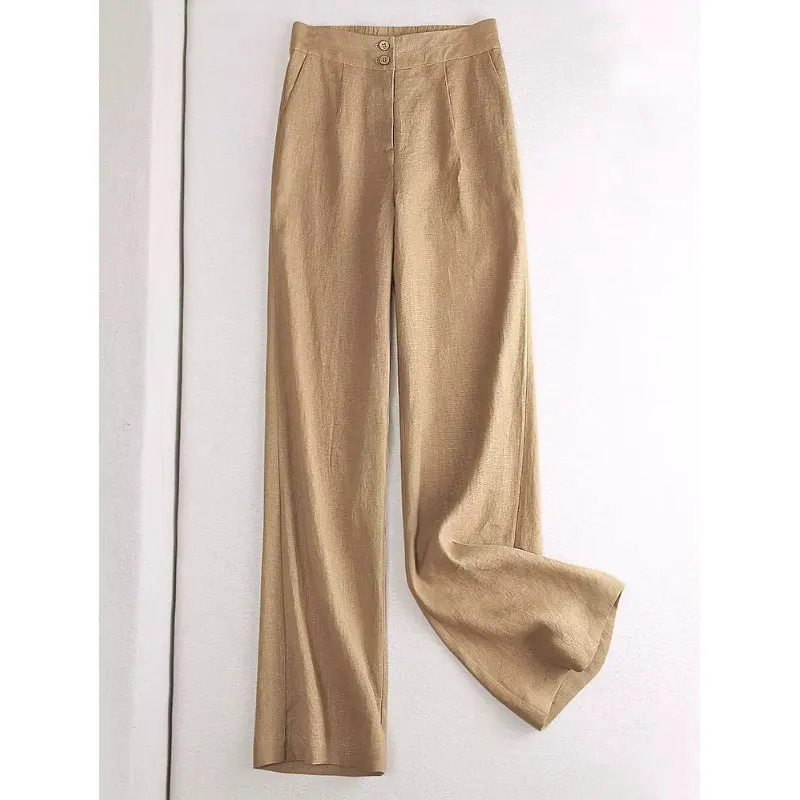 Linen wide-leg women's high waist cotton and spandex casual pants in Earth Gold colour, size M to 2XL
