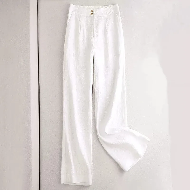 Linen wide-leg women's high waist cotton and spandex casual pants in Earth Gold colour, size M to 2XL