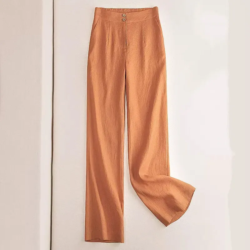 Linen wide-leg women's high waist cotton and spandex casual pants in Earth Gold colour, size M to 2XL