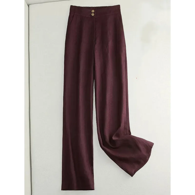 Linen wide-leg women's high waist cotton and spandex casual pants in Earth Gold colour, size M to 2XL