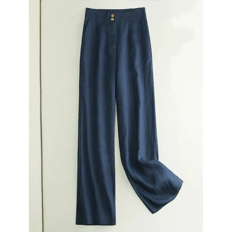 Linen wide-leg women's high waist cotton and spandex casual pants in Earth Gold colour, size M to 2XL