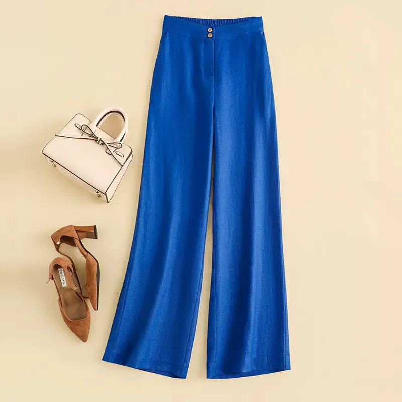 Linen wide-leg women's high waist cotton and spandex casual pants in Earth Gold colour, size M to 2XL