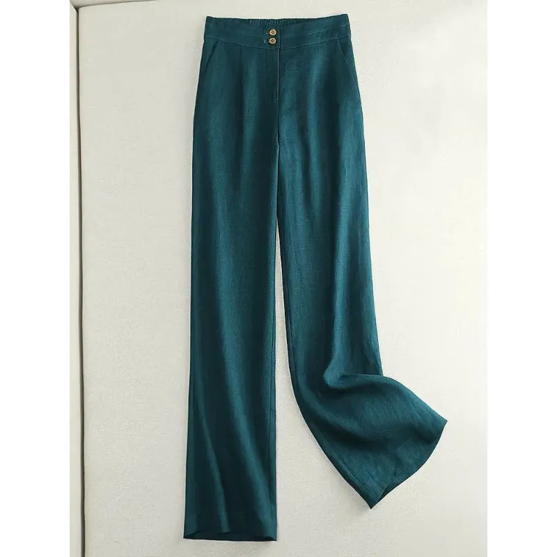 Linen wide-leg women's high waist cotton and spandex casual pants in Earth Gold colour, size M to 2XL