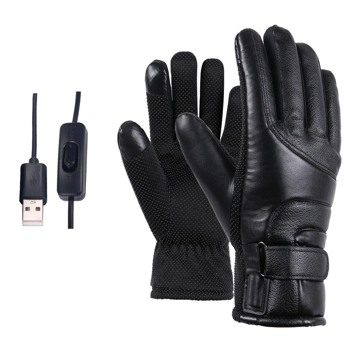 Winter electric heated gloves in black with adjustable palm sticker and touch screen compatible fingertips