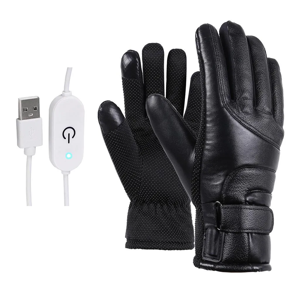 Winter electric heated gloves in black with adjustable palm sticker and touch screen compatible fingertips