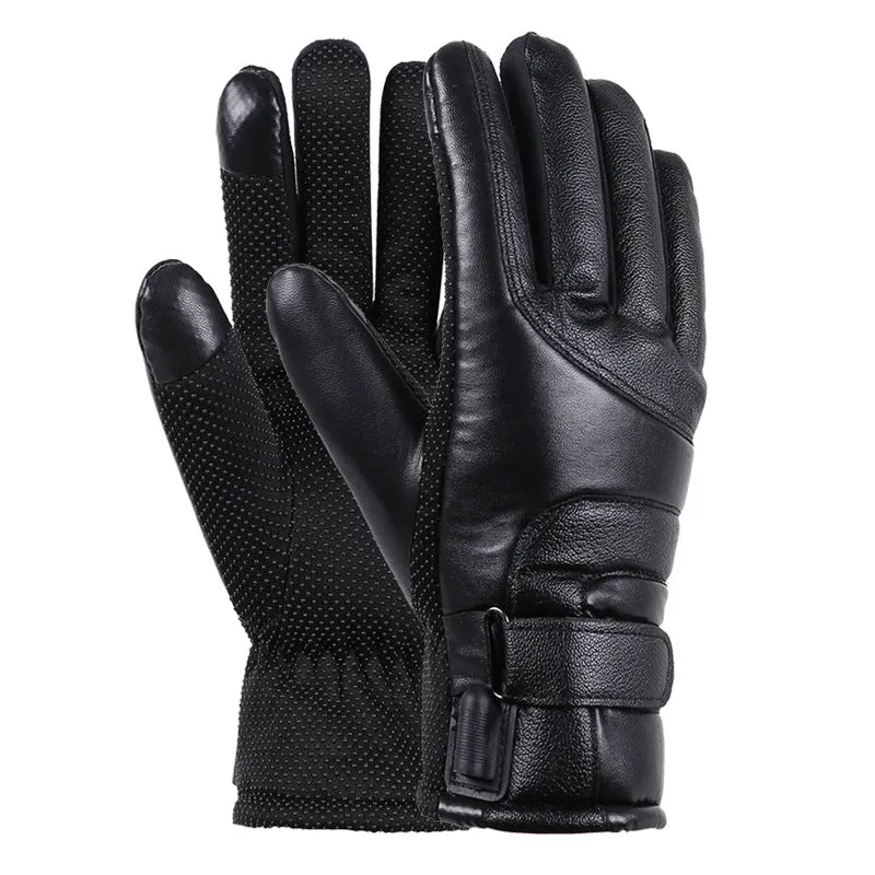 Winter electric heated gloves in black with adjustable palm sticker and touch screen compatible fingertips