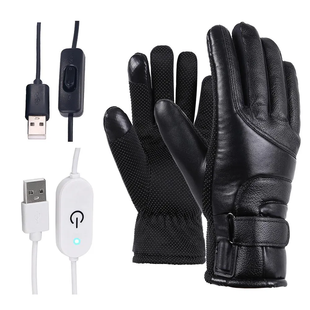 Winter electric heated gloves in black with adjustable palm sticker and touch screen compatible fingertips