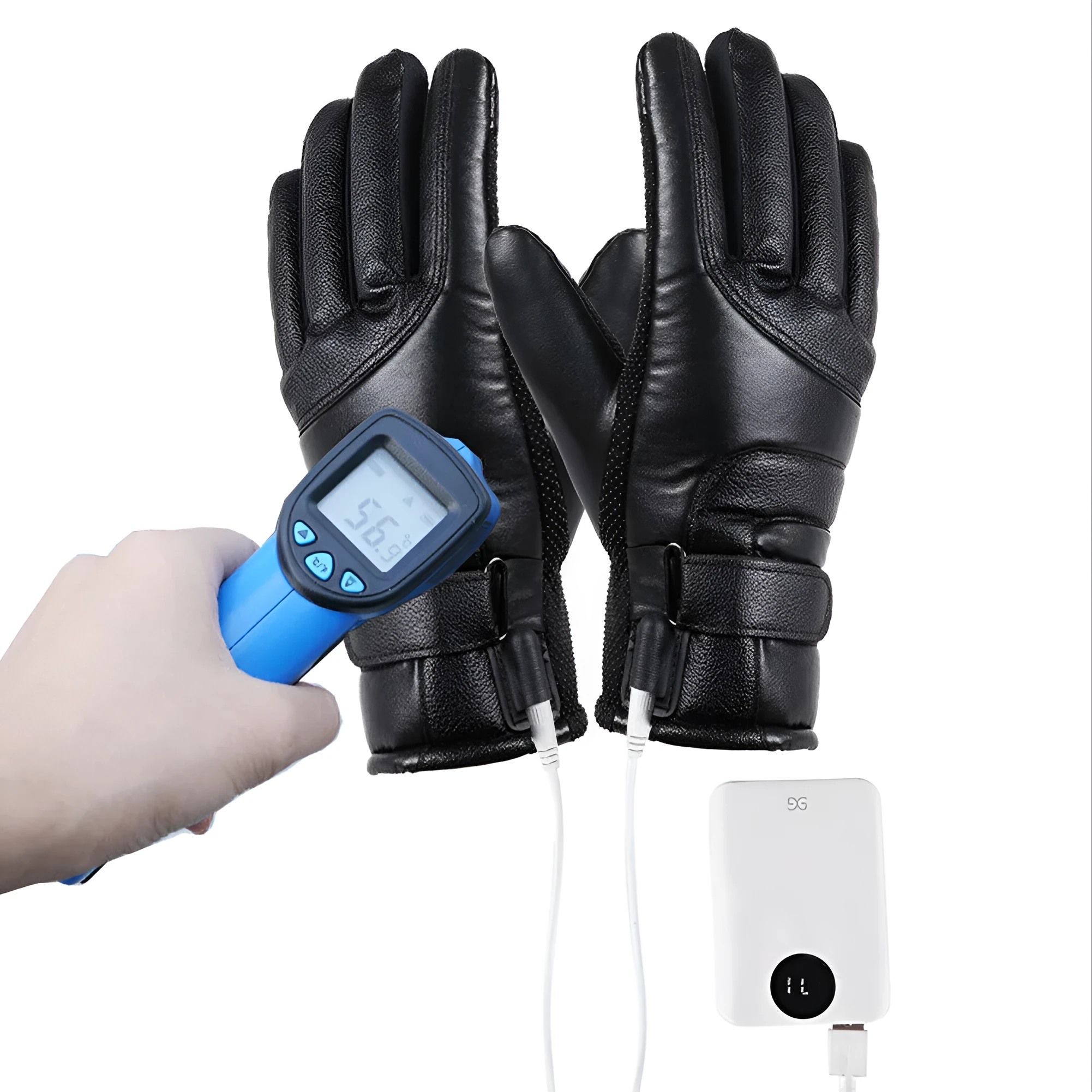 Winter electric heated gloves in black with adjustable palm sticker and touch screen compatible fingertips