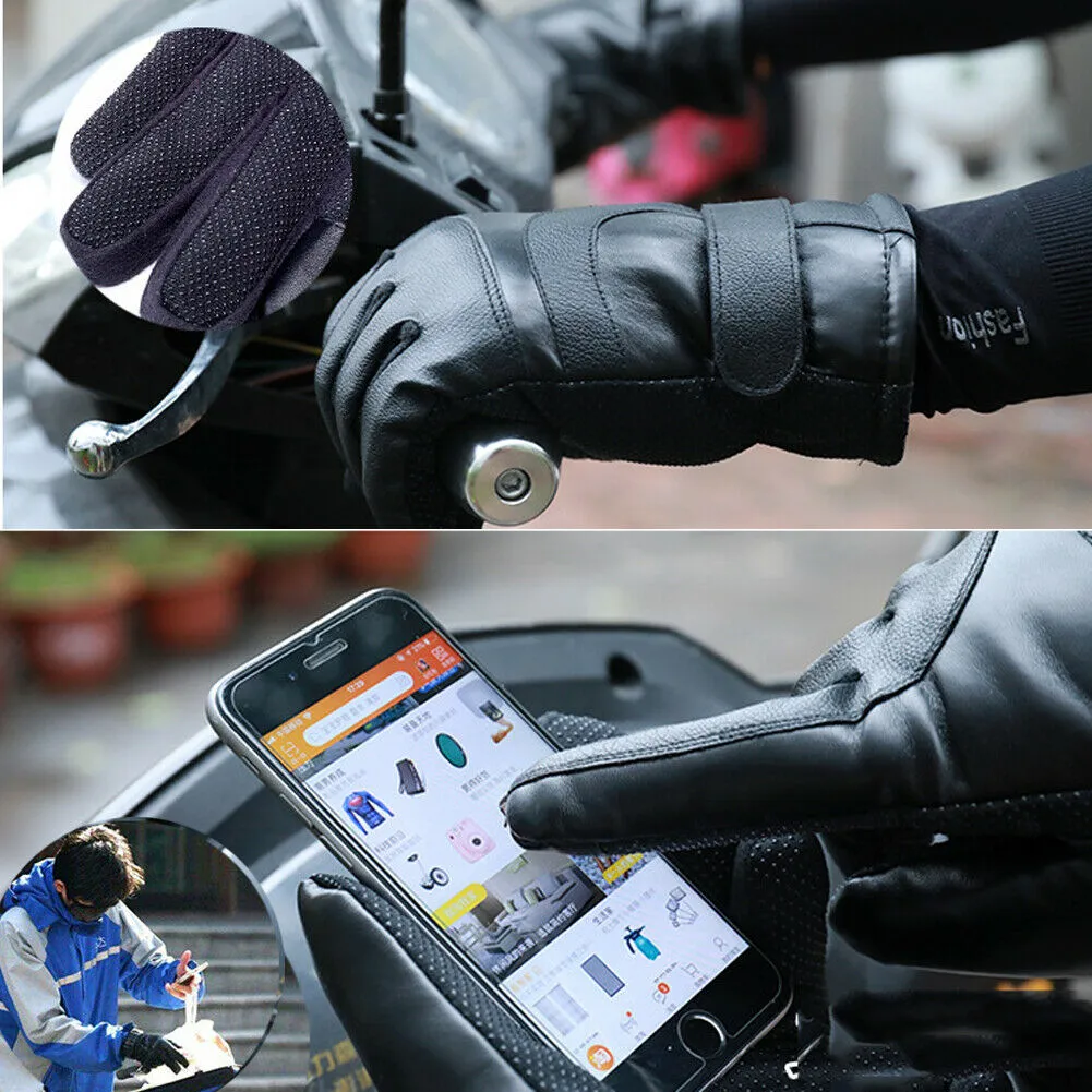 Winter electric heated gloves in black with adjustable palm sticker and touch screen compatible fingertips