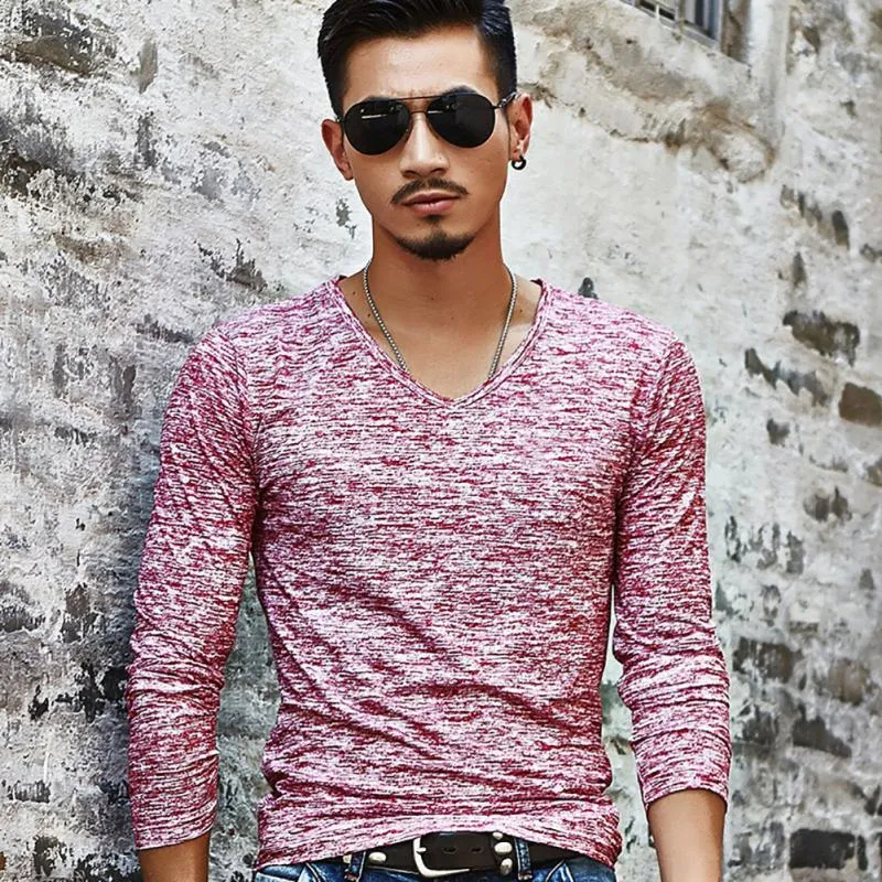 Men's long sleeve slim fit round-neck T-shirt in beige, black, blue, green, red options sizes M to 3XL for spring autumn