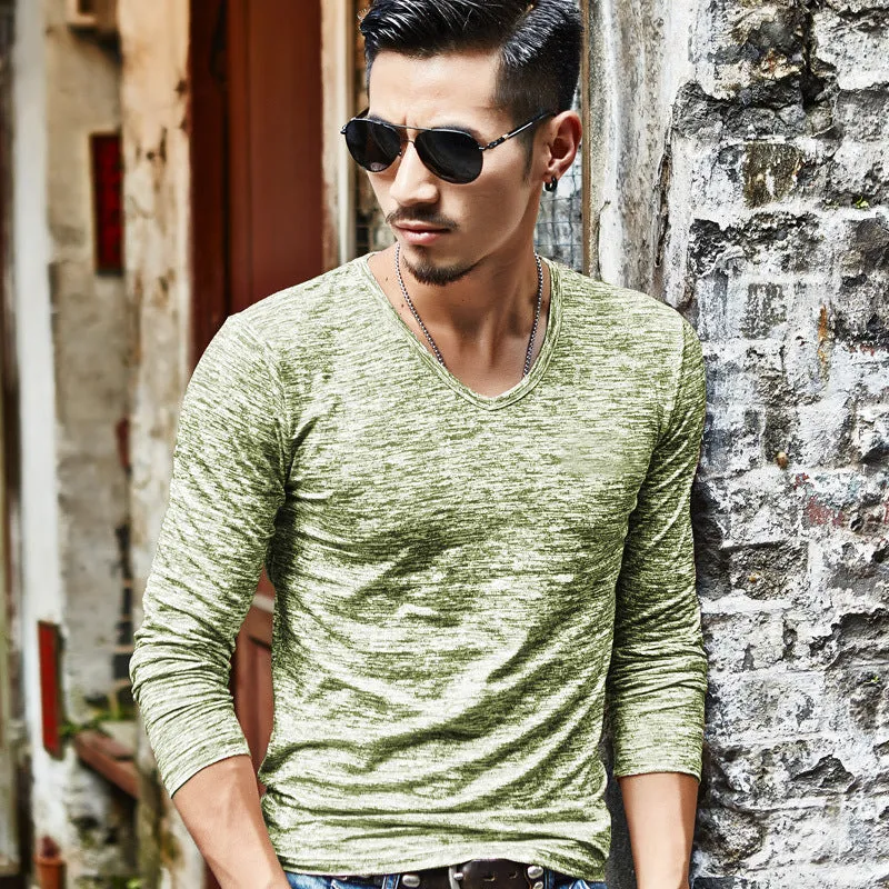 Men's long sleeve slim fit round-neck T-shirt in beige, black, blue, green, red options sizes M to 3XL for spring autumn