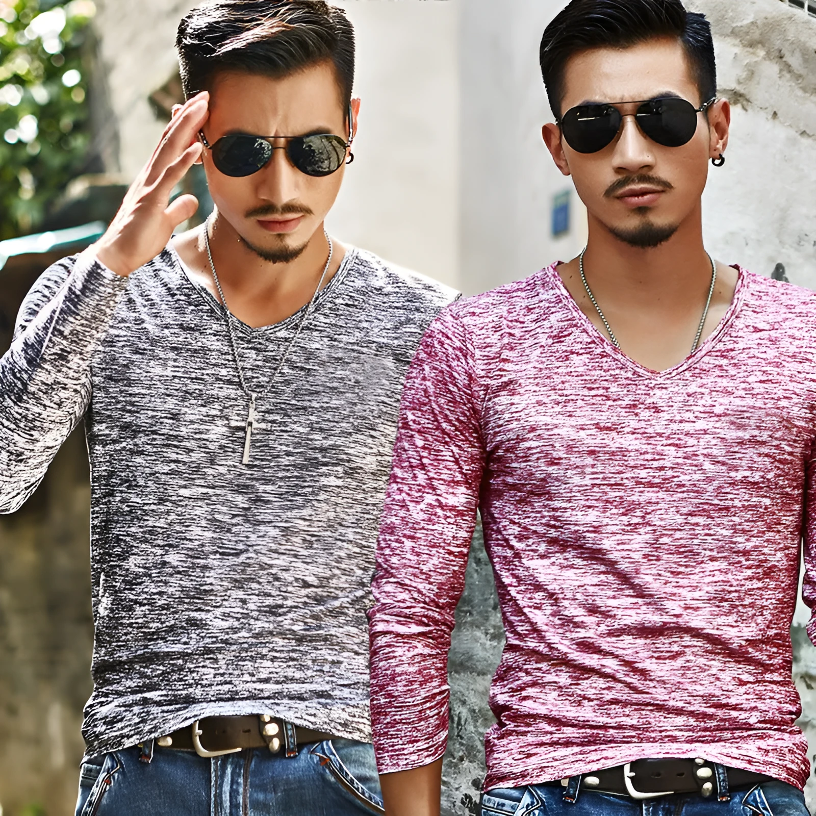 Men's long sleeve slim fit round-neck T-shirt in beige, black, blue, green, red options sizes M to 3XL for spring autumn