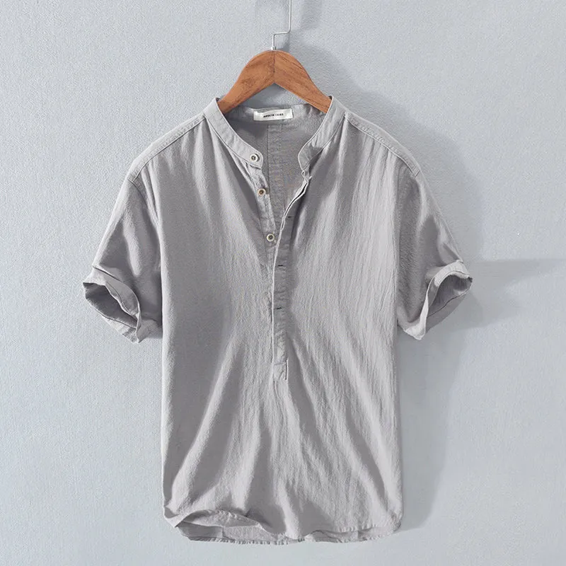 Men's stand collar Japanese ice silk linen short sleeve T-shirt in Beige, loose fit, button front, retro style