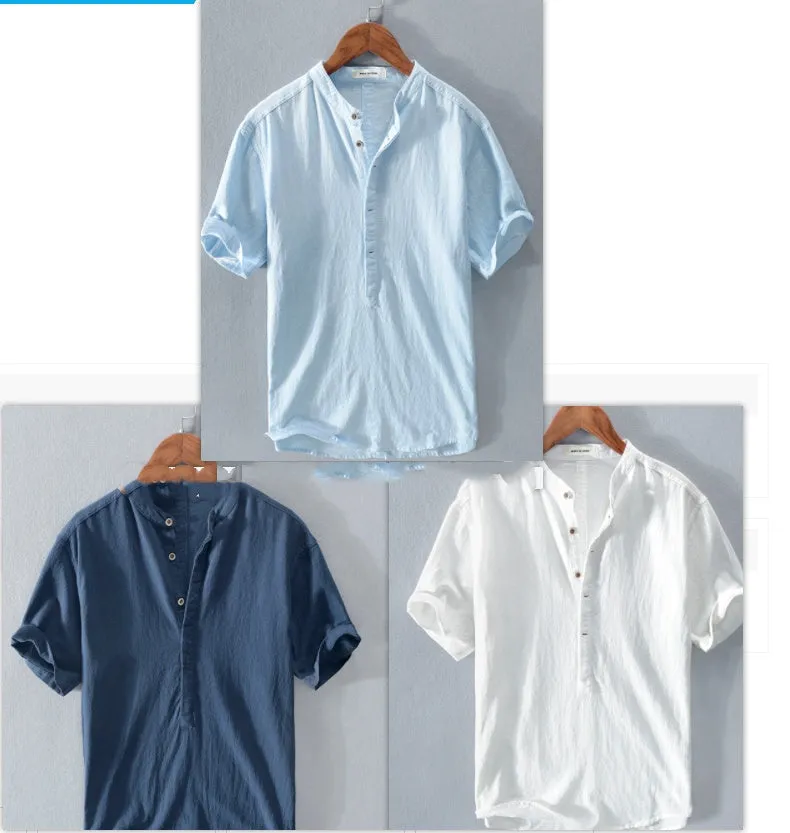 Men's stand collar Japanese ice silk linen short sleeve T-shirt in Beige, loose fit, button front, retro style