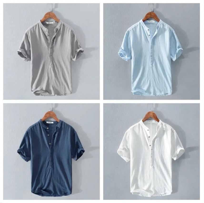 Men's stand collar Japanese ice silk linen short sleeve T-shirt in Beige, loose fit, button front, retro style