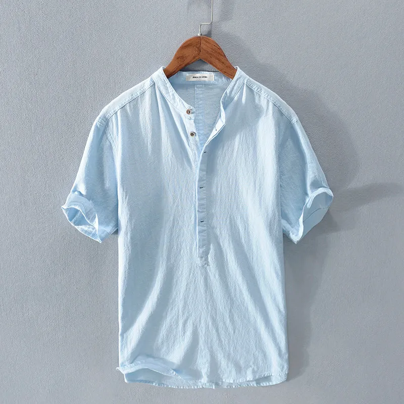 Men's stand collar Japanese ice silk linen short sleeve T-shirt in Beige, loose fit, button front, retro style