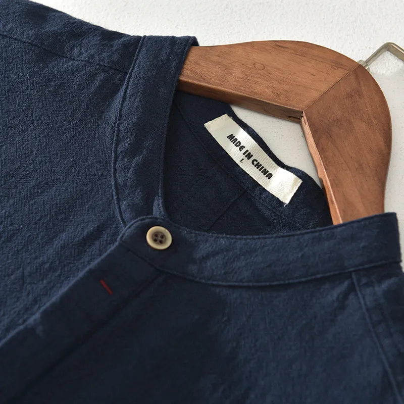 Men's stand collar Japanese ice silk linen short sleeve T-shirt in Beige, loose fit, button front, retro style