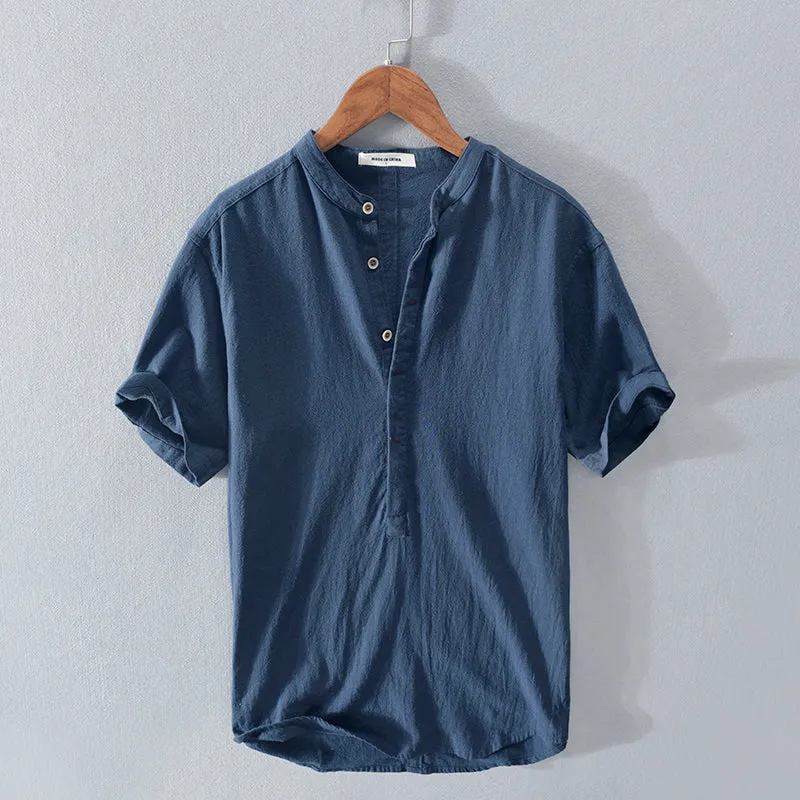Men's stand collar Japanese ice silk linen short sleeve T-shirt in Beige, loose fit, button front, retro style