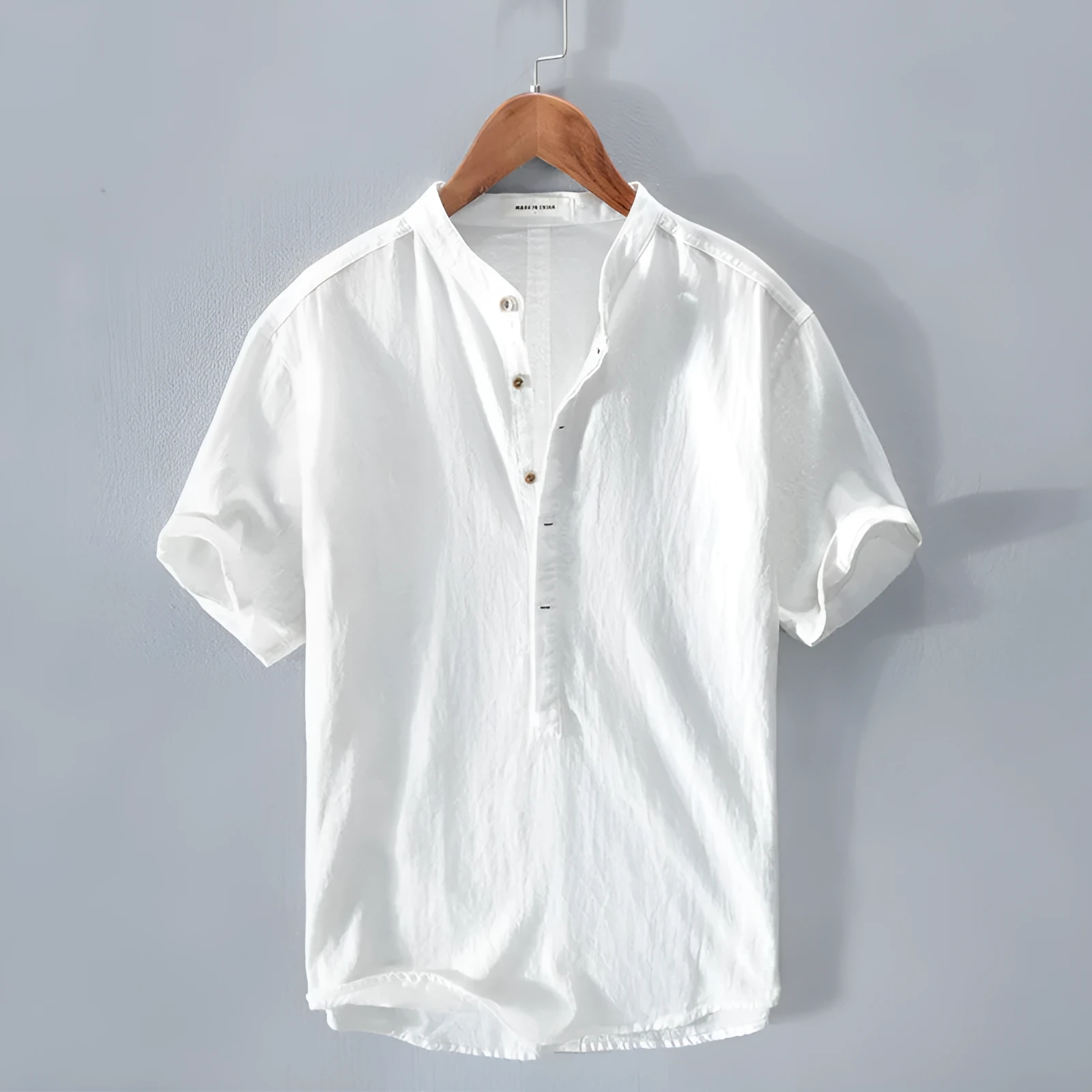Men's stand collar Japanese ice silk linen short sleeve T-shirt in Beige, loose fit, button front, retro style