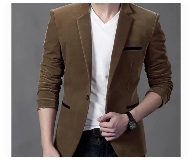 Men's casual suit slim corduroy suit in camel colour, Asian sizing, polyester fibre