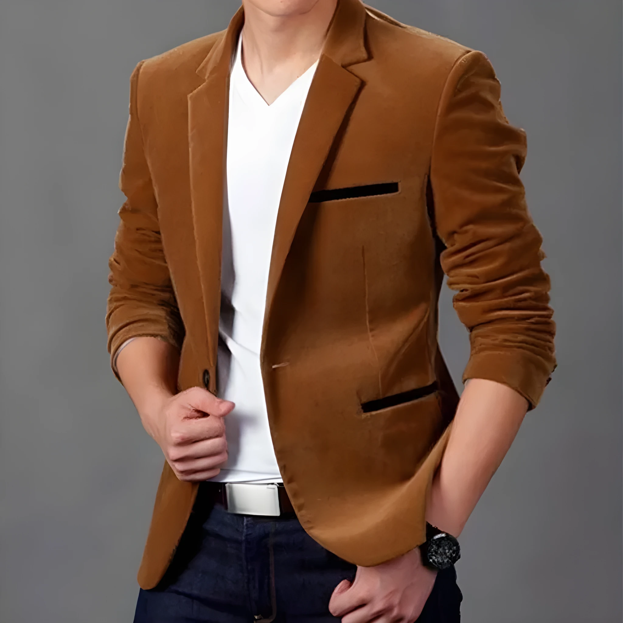 Men's casual suit slim corduroy suit in camel colour, Asian sizing, polyester fibre