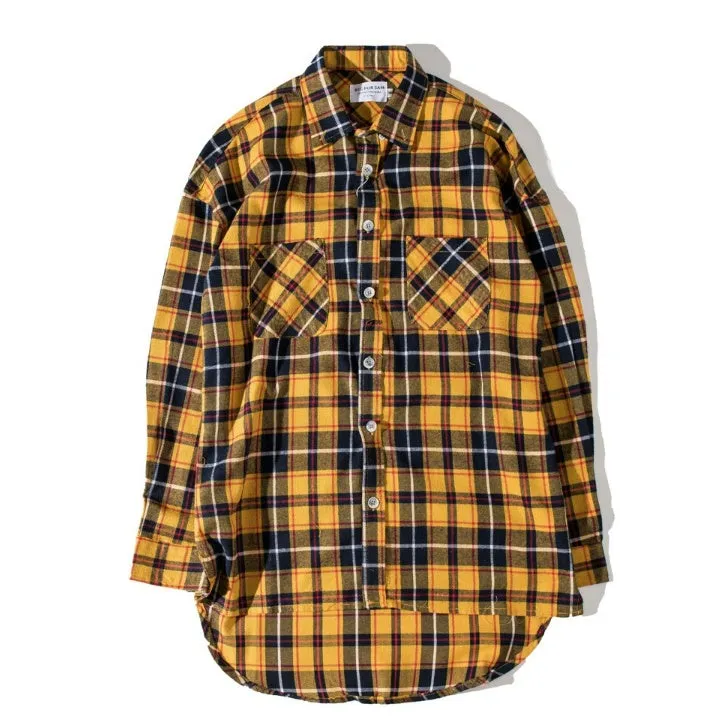 Men's grid pattern T-shirt in yellow and black with short sleeves and crew neck, front view