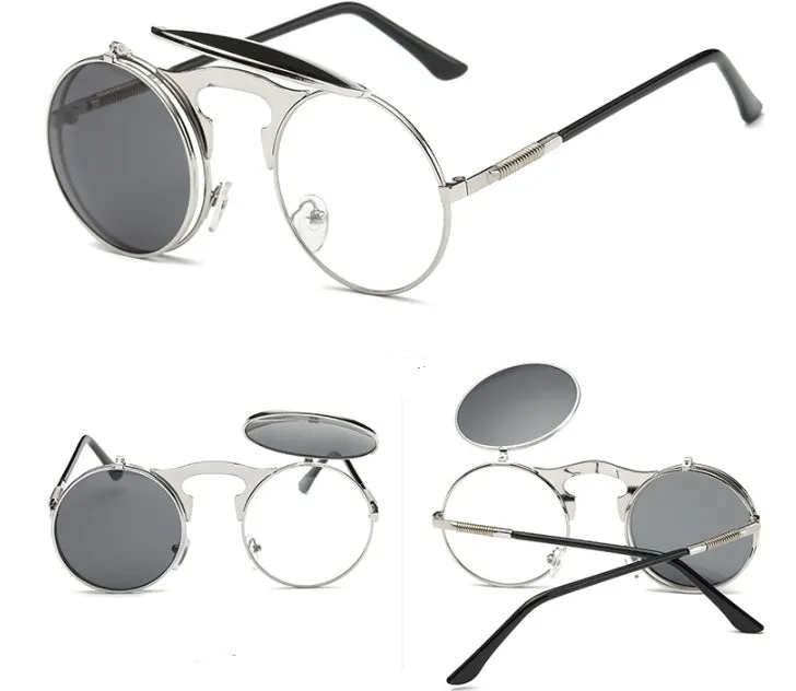 New vintage round steampunk sunglasses flip-up UV protection metal frame for men and women in gold and grey