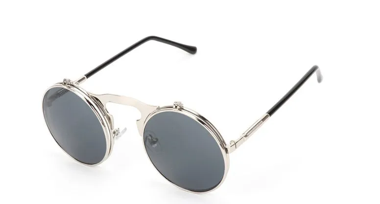 New vintage round steampunk sunglasses flip-up UV protection metal frame for men and women in gold and grey