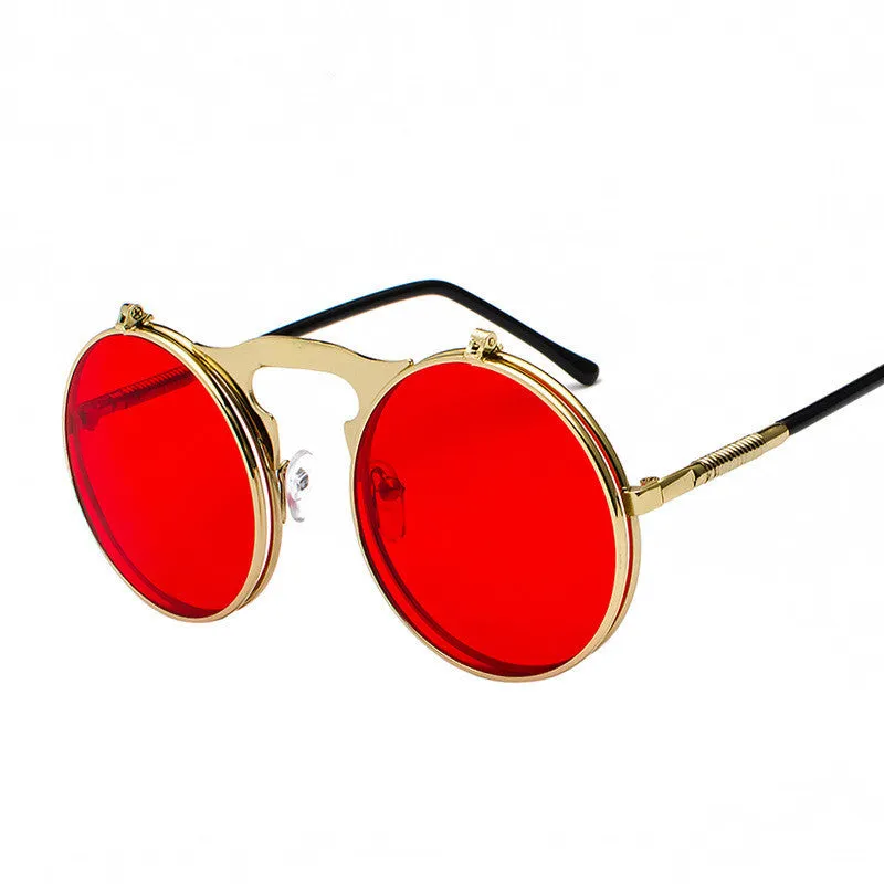 New vintage round steampunk sunglasses flip-up UV protection metal frame for men and women in gold and grey