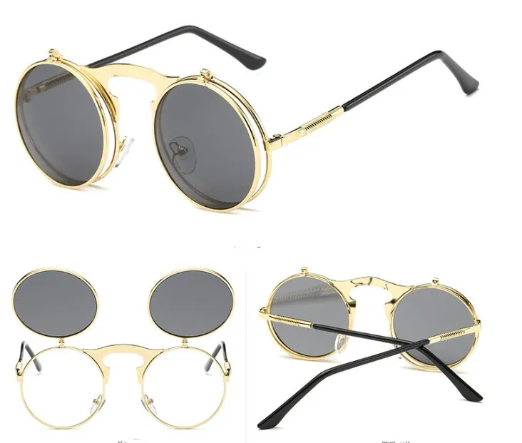 New vintage round steampunk sunglasses flip-up UV protection metal frame for men and women in gold and grey