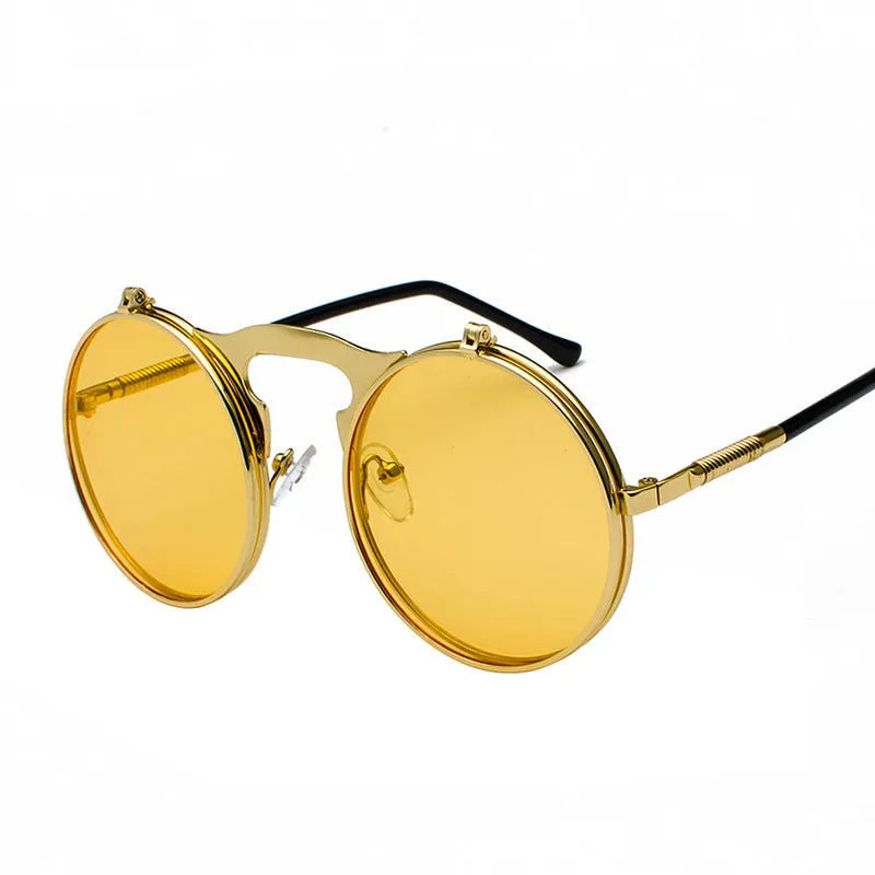 New vintage round steampunk sunglasses flip-up UV protection metal frame for men and women in gold and grey