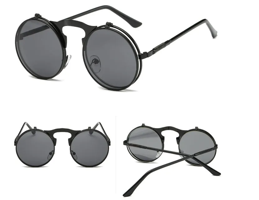 New vintage round steampunk sunglasses flip-up UV protection metal frame for men and women in gold and grey