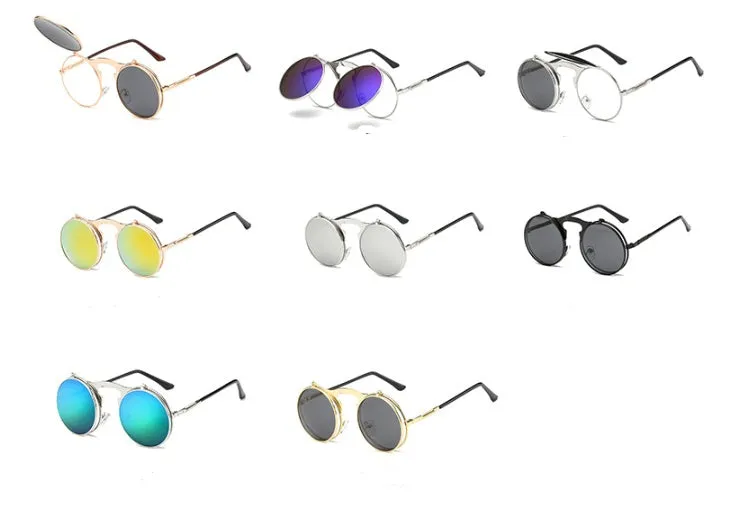 New vintage round steampunk sunglasses flip-up UV protection metal frame for men and women in gold and grey
