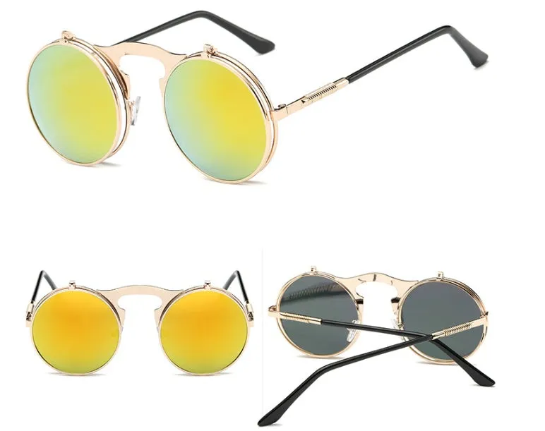 New vintage round steampunk sunglasses flip-up UV protection metal frame for men and women in gold and grey