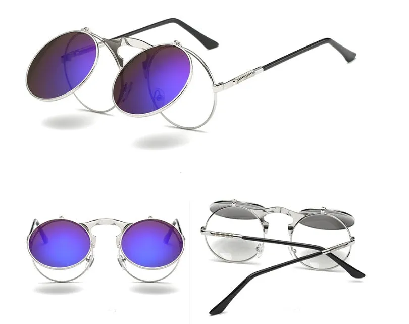 New vintage round steampunk sunglasses flip-up UV protection metal frame for men and women in gold and grey
