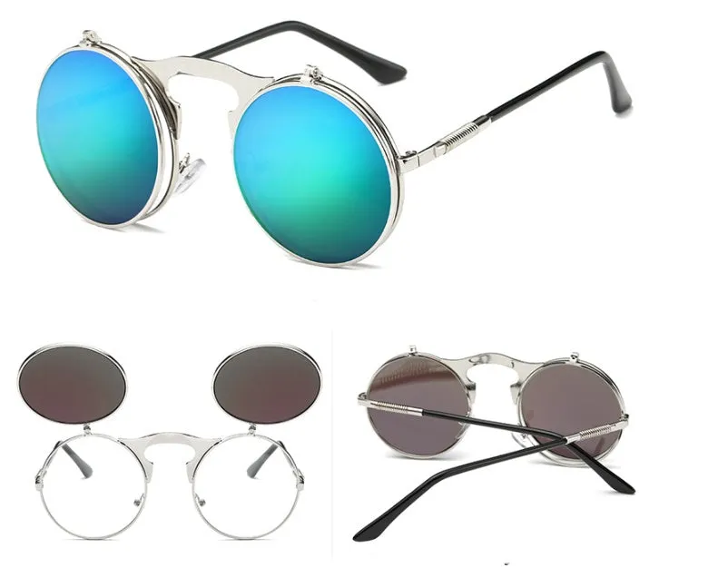 New vintage round steampunk sunglasses flip-up UV protection metal frame for men and women in gold and grey