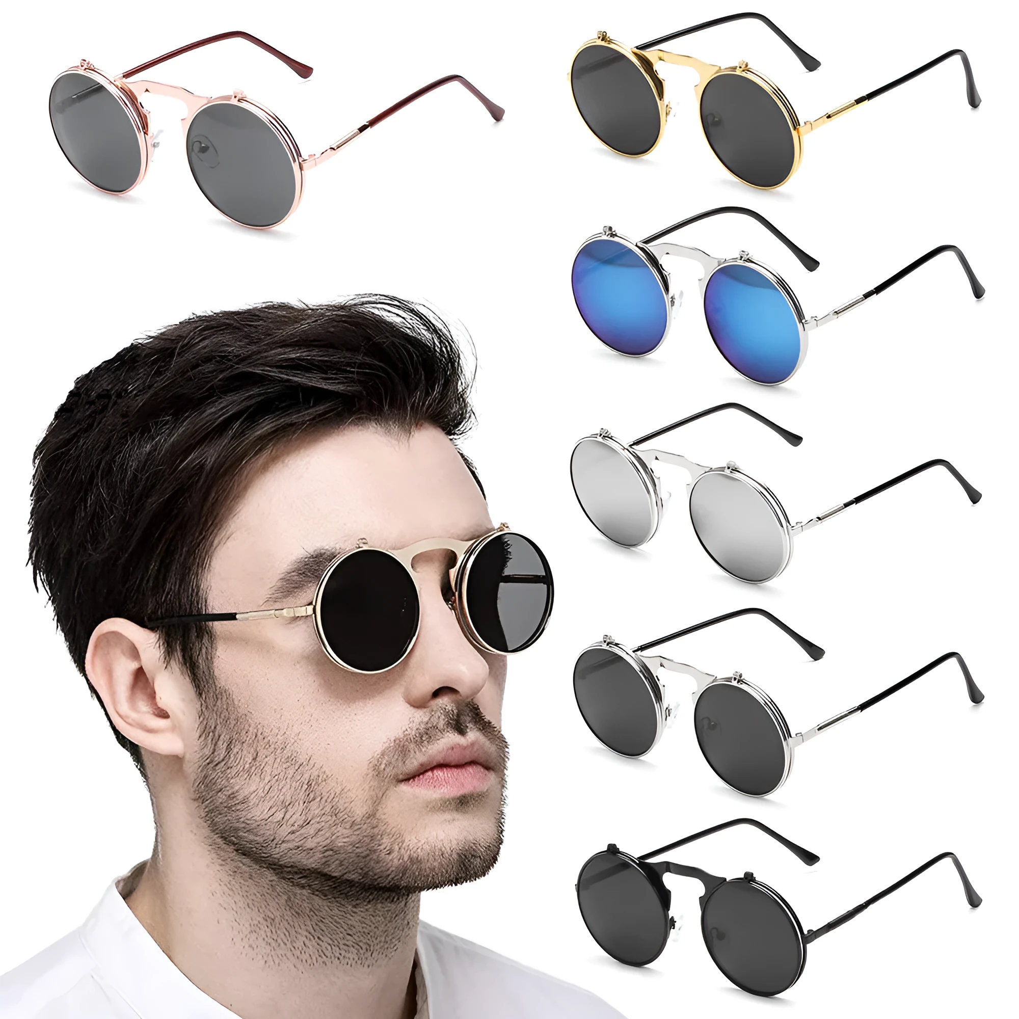 New vintage round steampunk sunglasses flip-up UV protection metal frame for men and women in gold and grey