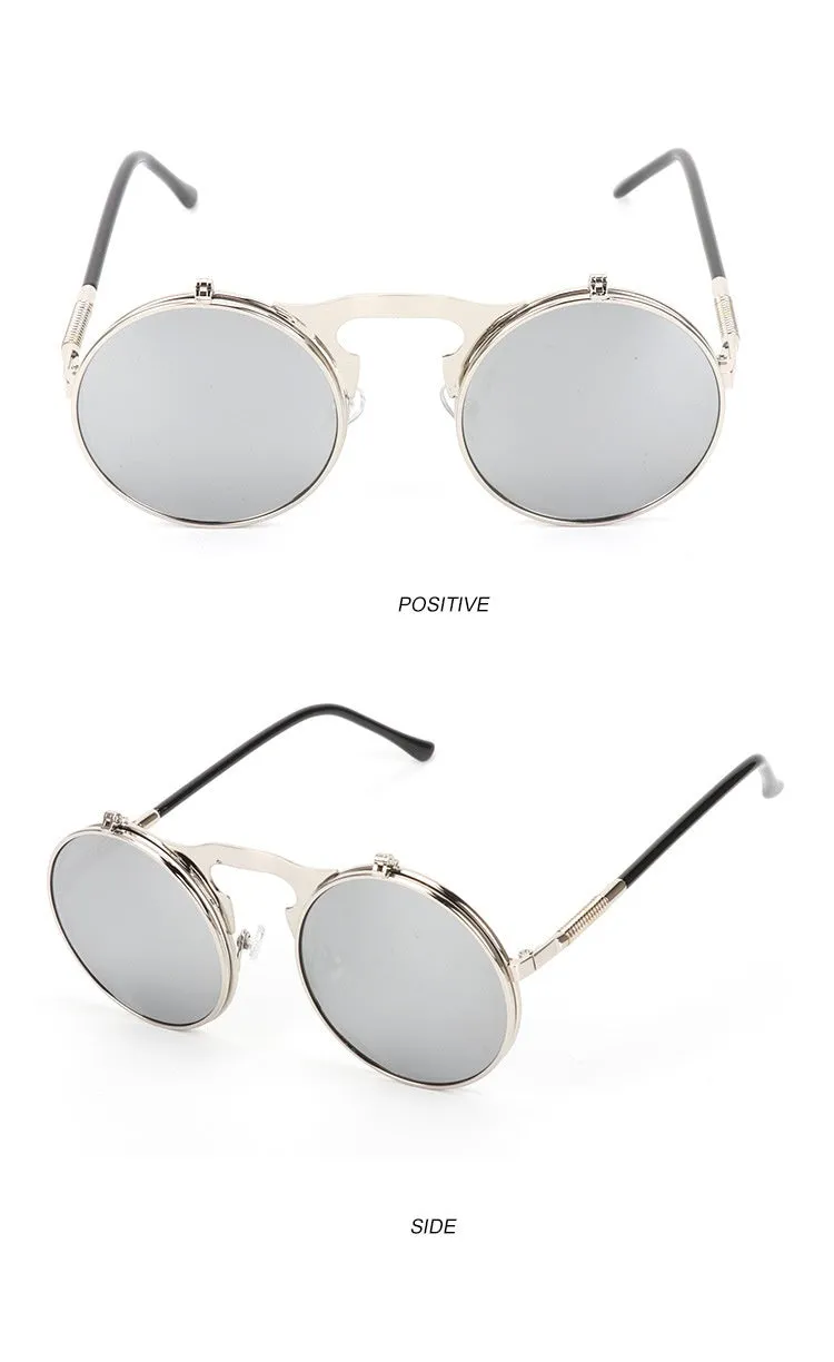 New vintage round steampunk sunglasses flip-up UV protection metal frame for men and women in gold and grey