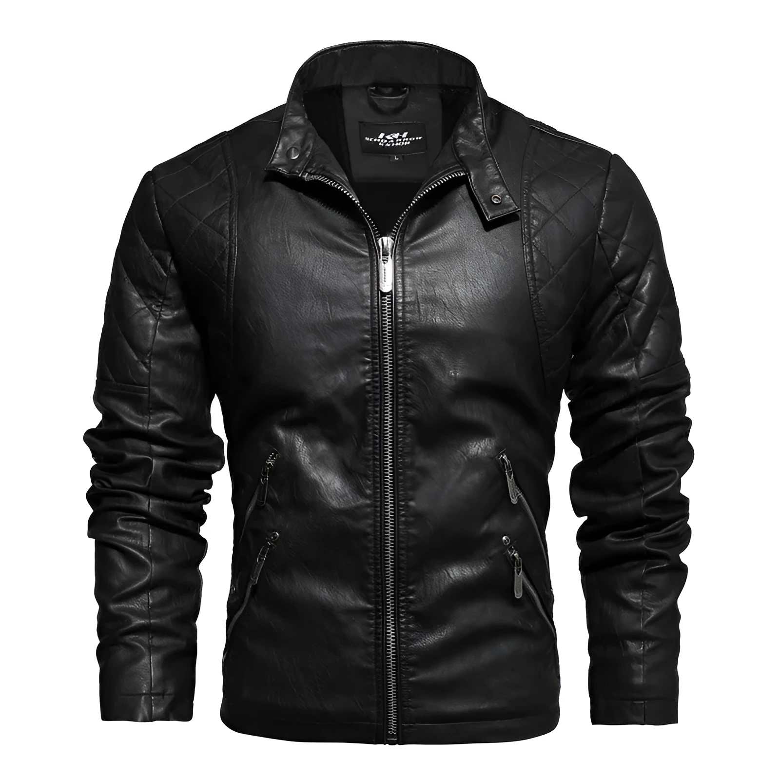 Men's fashion trendy PU leather jacket with stand-up collar and zipper front in yellow, black, and coffee colour options