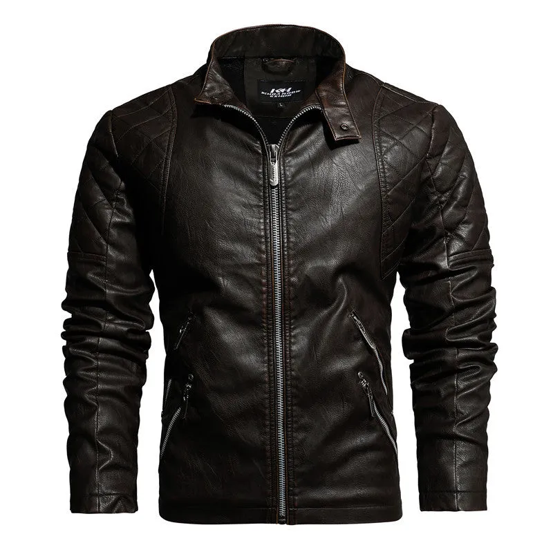 Men's fashion trendy PU leather jacket with stand-up collar and zipper front in yellow, black, and coffee colour options