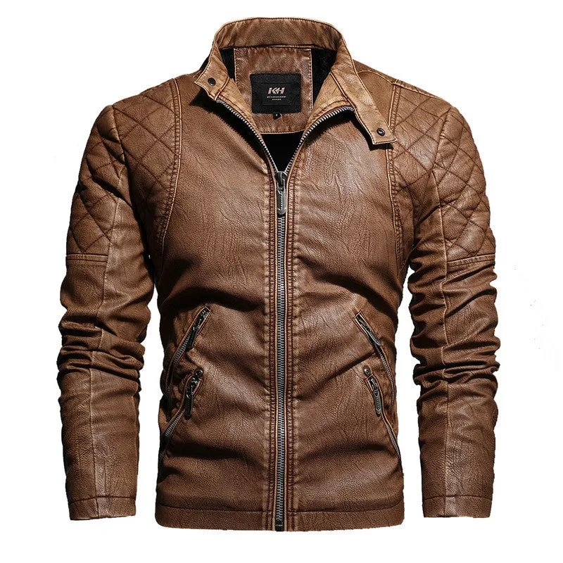 Men's fashion trendy PU leather jacket with stand-up collar and zipper front in yellow, black, and coffee colour options