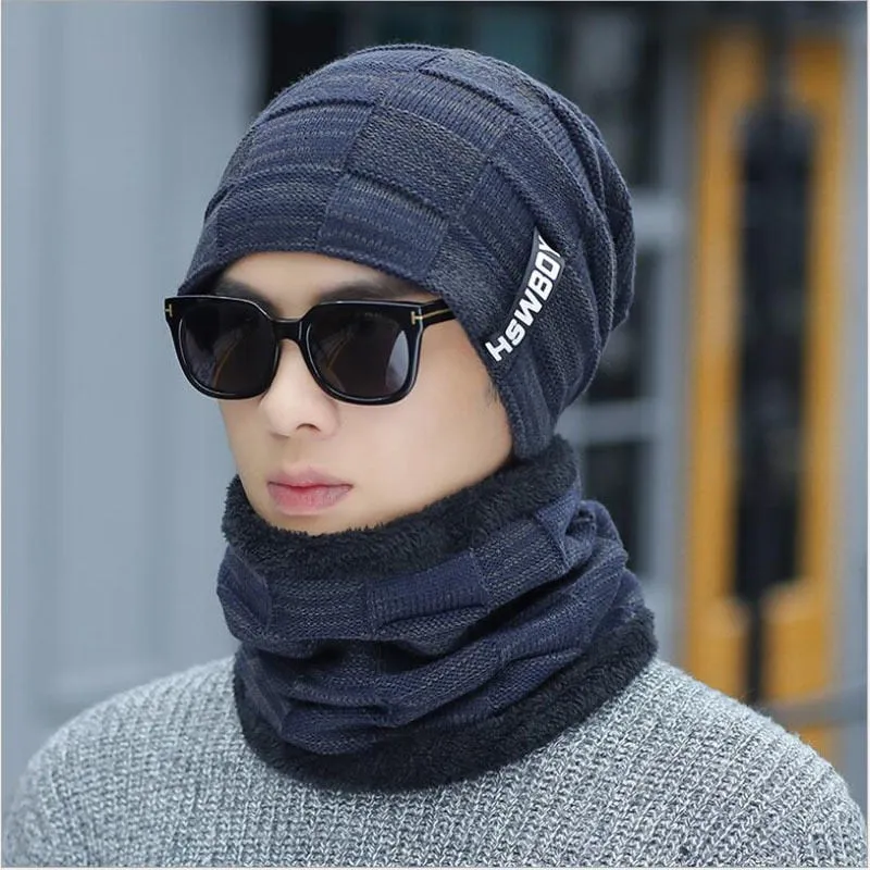 Cotton knitted hat with earflaps for men 2-piece set black grey khaki navy red warp knit satin finish