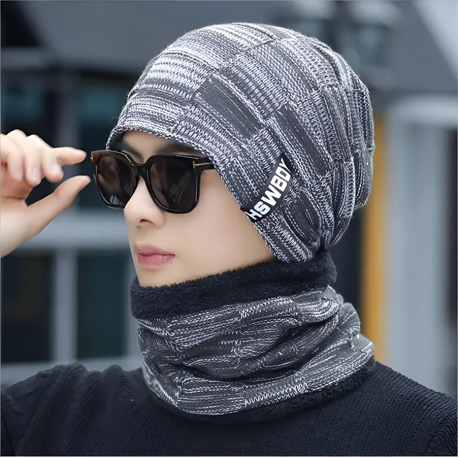 Cotton knitted hat with earflaps for men 2-piece set black grey khaki navy red warp knit satin finish