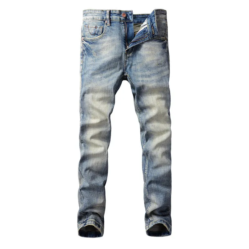 Men's distressed blue straight leg jeans with frayed hem and multiple pockets