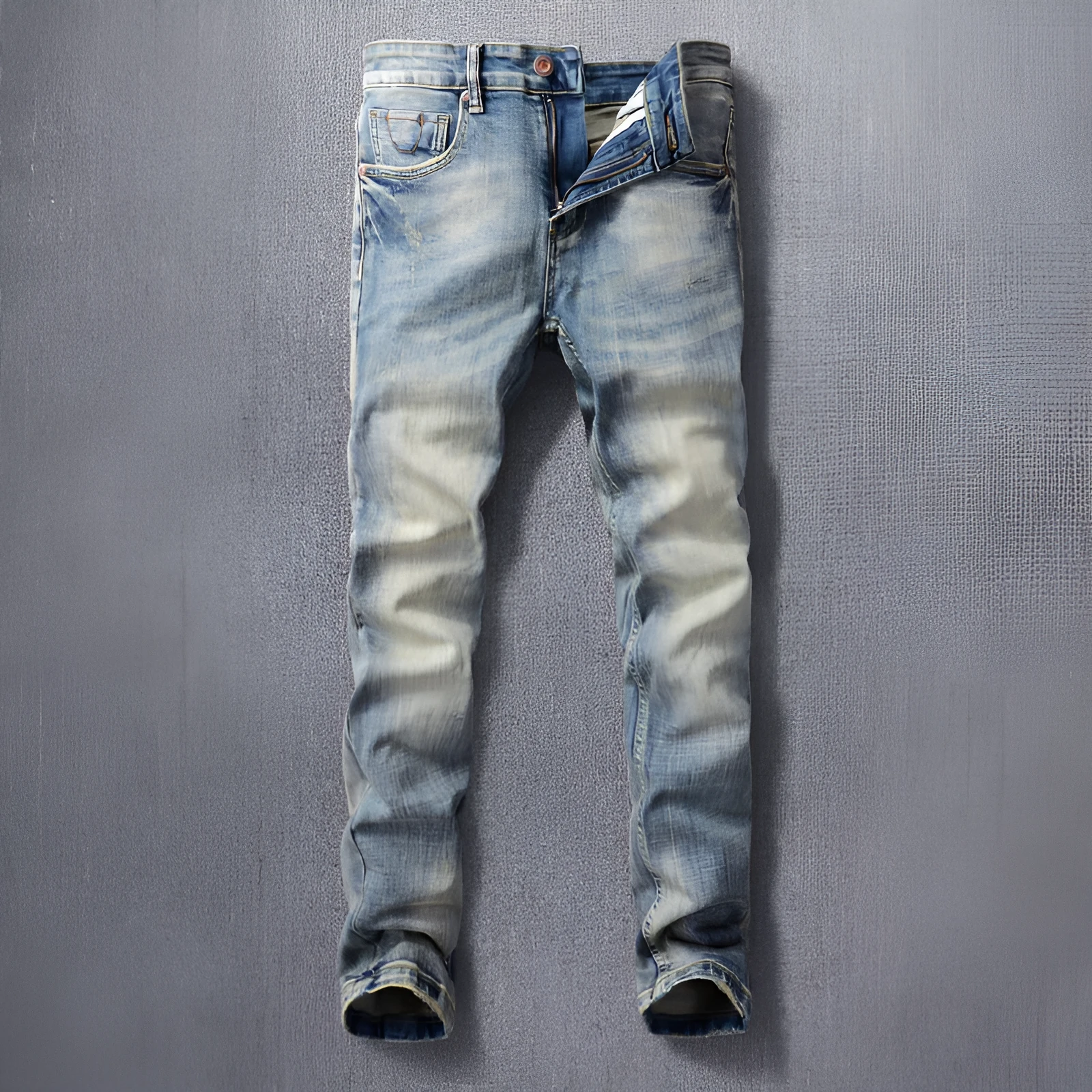 Men's distressed blue straight leg jeans with frayed hem and multiple pockets