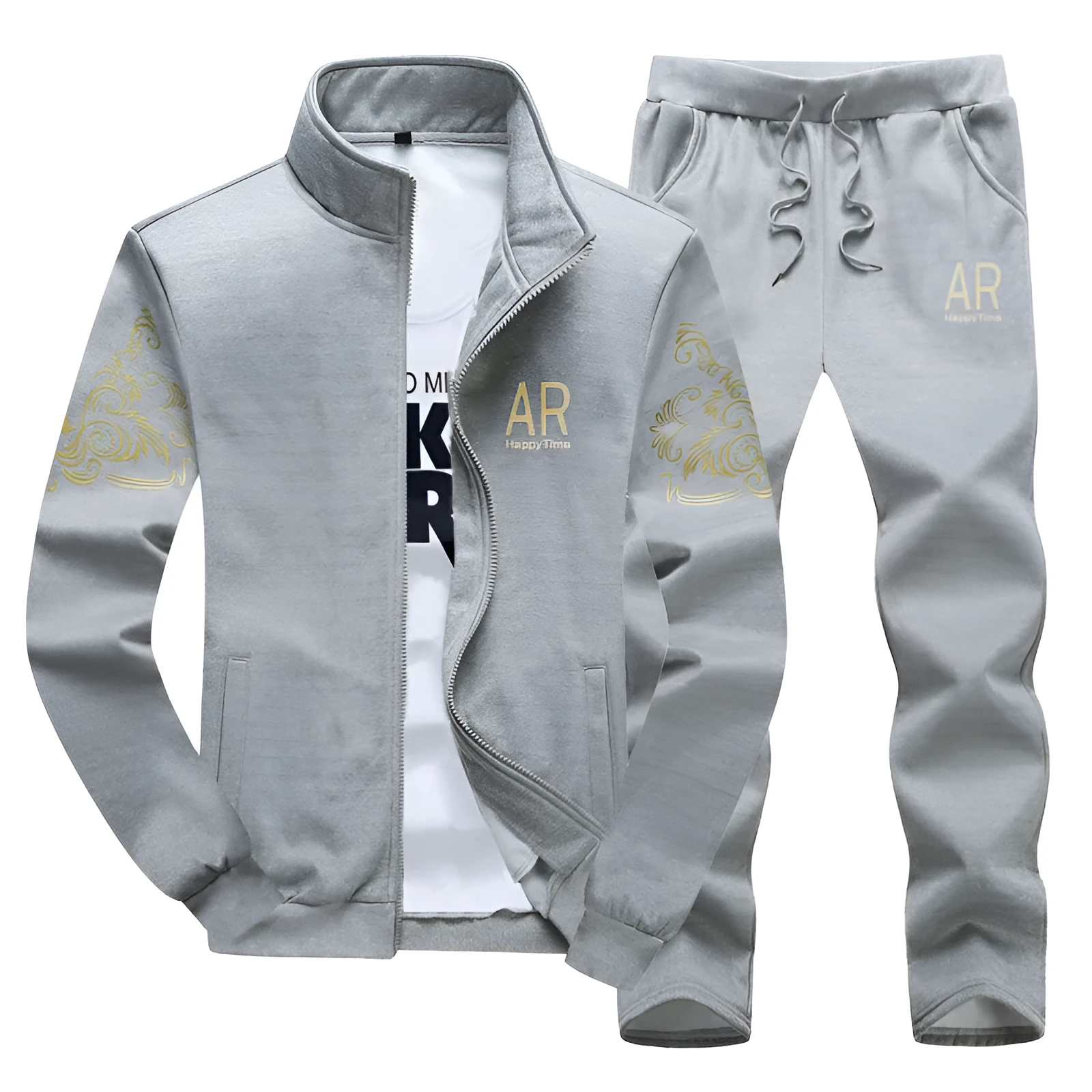 Grey cotton two-piece suit for men with zip cardigan and trousers, stand-up collar, casual outfit