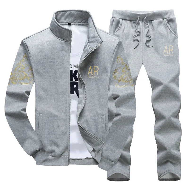 Grey cotton two-piece suit for men with zip cardigan and trousers, stand-up collar, casual outfit