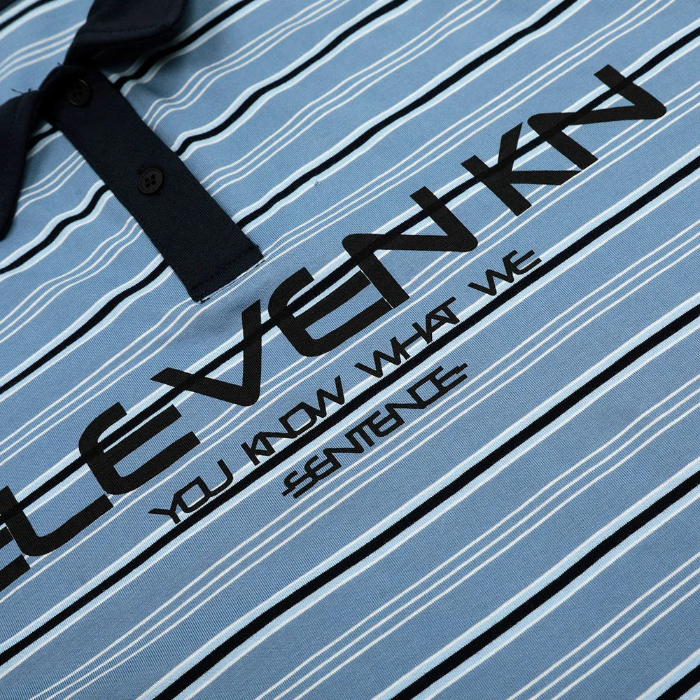 Blue vintage stripe loose-fit short-sleeved cotton polo shirt laid flat