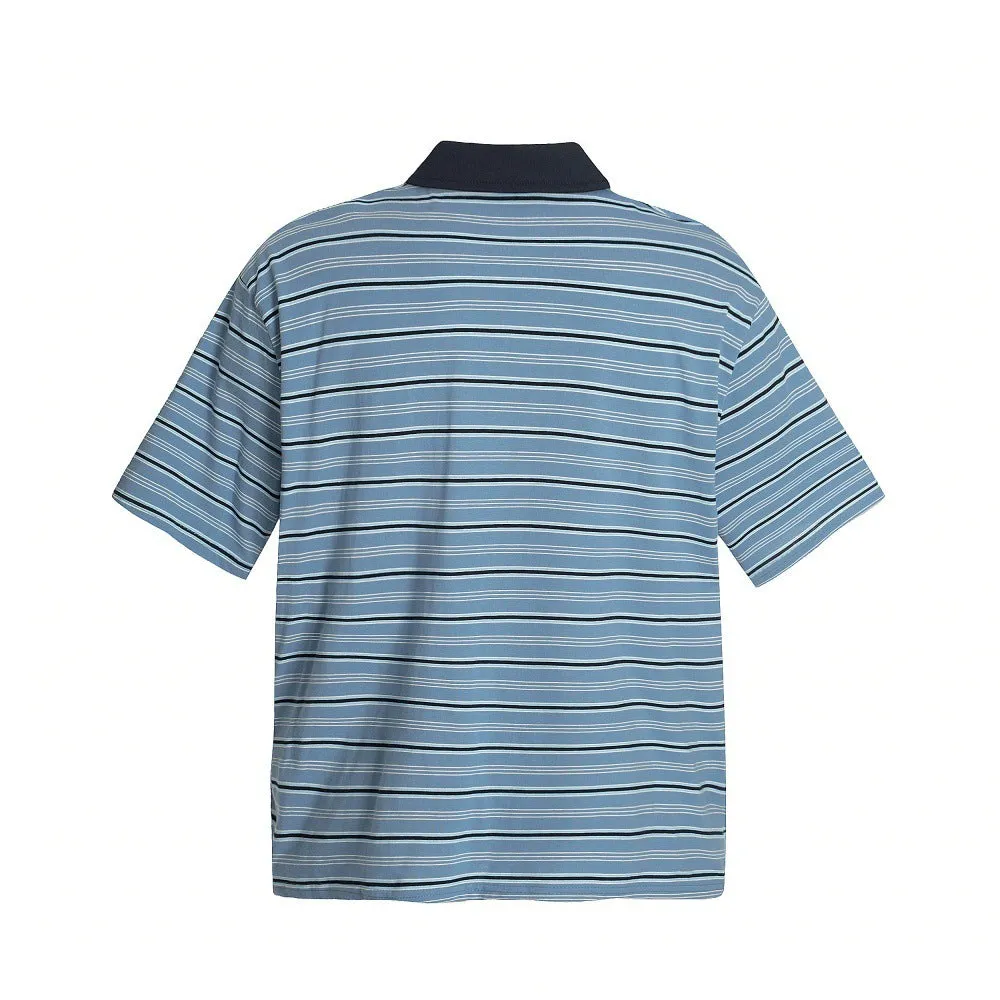 Blue vintage stripe loose-fit short-sleeved cotton polo shirt laid flat