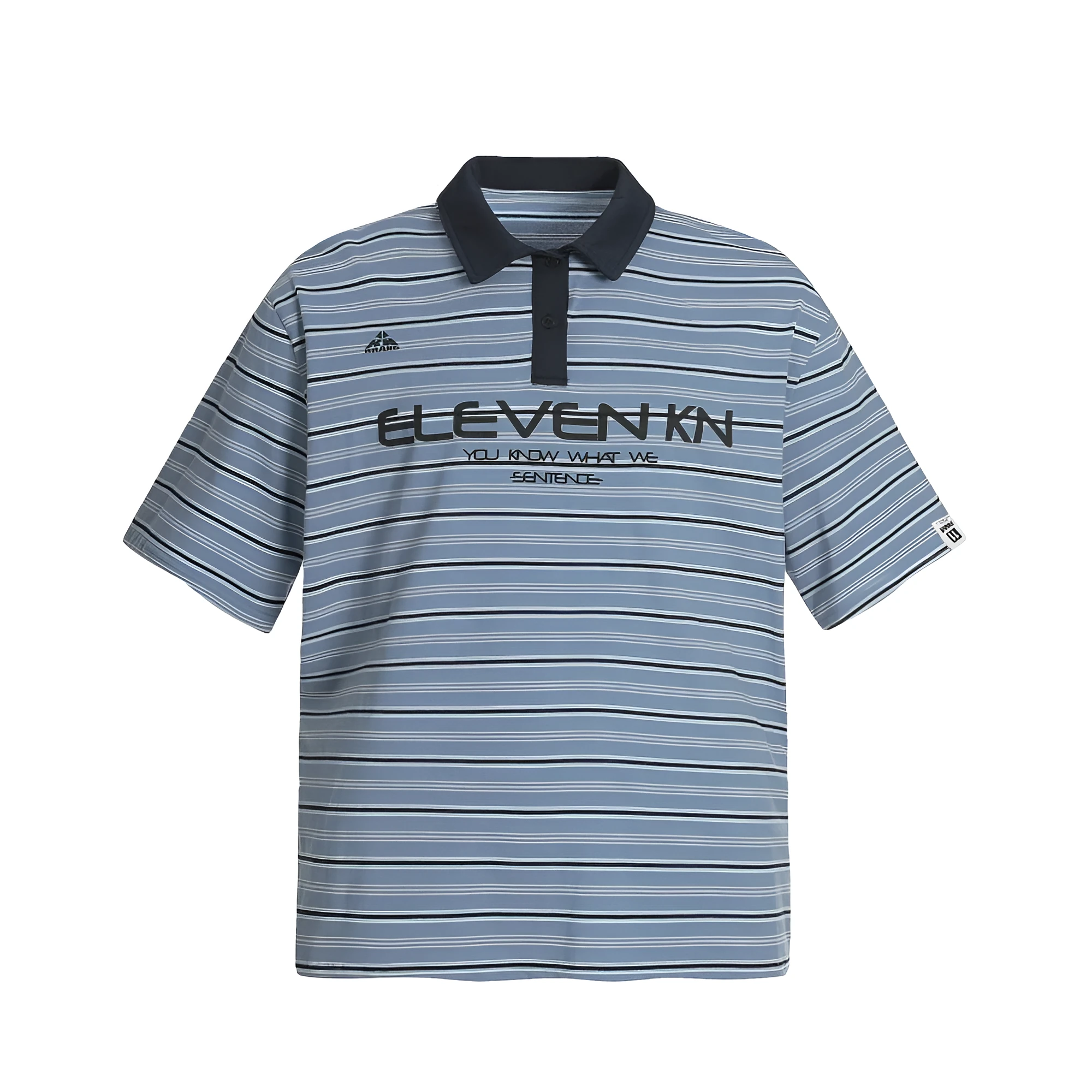 Blue vintage stripe loose-fit short-sleeved cotton polo shirt laid flat
